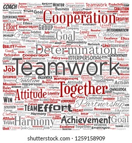 Vector conceptual teamwork management square red partnership idea or success goal word cloud isolated background. Collage of business strategy as group cooperation solution   or team concept design