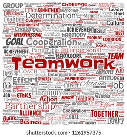 Vector conceptual teamwork management square red partnership idea or success goal word cloud isolated background. Collage of business strategy as group cooperation solution   or team concept design