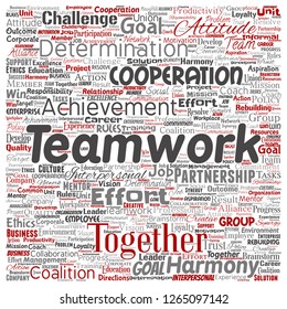 Vector conceptual teamwork management square red partnership idea or success goal word cloud isolated background. Collage of business strategy as group cooperation solution   or team concept design