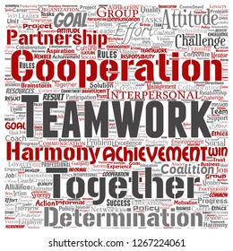 Vector conceptual teamwork management square red partnership idea or success goal word cloud isolated background. Collage of business strategy as group cooperation solution   or team concept design