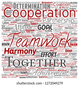 Vector conceptual teamwork management square red partnership idea or success goal word cloud isolated background. Collage of business strategy as group cooperation solution   or team concept design