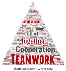 Vector conceptual teamwork management triangle arrow red partnership idea, success goal word cloud isolated background. Collage of business strategy, group cooperation solution or team concept design