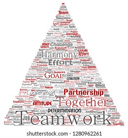 Vector conceptual teamwork management triangle arrow red partnership idea, success goal word cloud isolated background. Collage of business strategy, group cooperation solution or team concept design