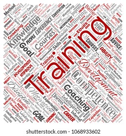 Vector conceptual training, coaching or learning, study square red word cloud isolated on background. Collage of mentoring, development, motivation skills, career, potential goals or competence