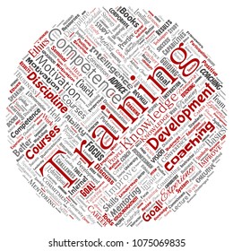 Vector conceptual training, coaching or learning, study round circle red word cloud isolated on background. Collage of mentoring, development, motivation skills, career, potential goals or competence