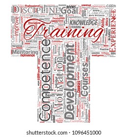 Vector conceptual training, coaching or learning, study letter font T word cloud isolated on background. Collage of mentoring, development, motivation skills, career, potential goals or competence