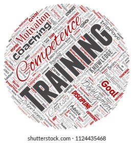 Vector conceptual training, coaching or learning, study round circle red word cloud isolated on background. Collage of mentoring, development, motivation skills, career, potential goals or competence