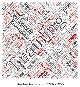 Vector conceptual training, coaching or learning, study square red word cloud isolated on background. Collage of mentoring, development, motivation skills, career, potential goals or competence