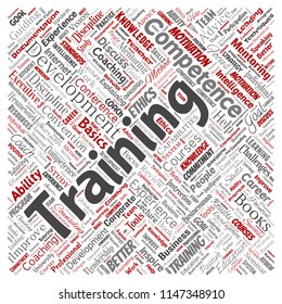 Vector conceptual training, coaching or learning, study square red word cloud isolated on background. Collage of mentoring, development, motivation skills, career, potential goals or competence