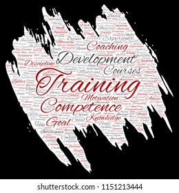 Vector conceptual training, coaching or learning, study paint brush paper word cloud isolated on background. Collage of mentoring, development, motivation skills, career, potential goals or competence