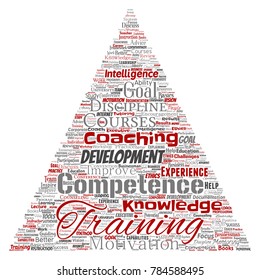 Vector conceptual training, coaching or learning, study triangle arrow word cloud isolated on background. Collage of mentoring, development, motivation skills, career, potential goals or competence