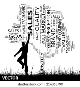 Vector conceptual tree word cloud tagcloud in man or woman hand isolated on white background, metaphor to business, trend, media, focus, market, value, product, advertising or corporate