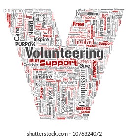 Vector conceptual volunteering, charity, humanitarian letter font V red word cloud isolated background. Collage of selfless, support, philanthropy, nonprofit,  goodness, togetherness, giving concept
