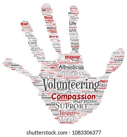 Vector conceptual volunteering, charity, humanitarian hand print stamp word cloud isolated background. Collage of selfless, support, philanthropy, nonprofit,  goodness, togetherness, giving concept