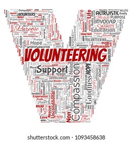 Vector conceptual volunteering, charity, humanitarian letter font V red word cloud isolated background. Collage of selfless, support, philanthropy, nonprofit,  goodness, togetherness, giving concept