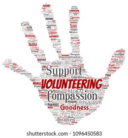 Vector conceptual volunteering, charity, humanitarian hand print stamp word cloud isolated background. Collage of selfless, support, philanthropy, nonprofit,  goodness, togetherness, giving concept