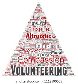 Vector conceptual volunteering, charity, humanitarian triangle arrow red word cloud isolated background. Collage of selfless, support, philanthropy, nonprofit,  goodness, togetherness, giving concept