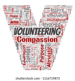 Vector conceptual volunteering, charity, humanitarian letter font V red word cloud isolated background. Collage of selfless, support, philanthropy, nonprofit,  goodness, togetherness, giving concept
