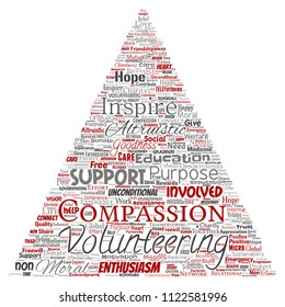 Vector conceptual volunteering, charity, humanitarian triangle arrow red word cloud isolated background. Collage of selfless, support, philanthropy, nonprofit,  goodness, togetherness, giving concept