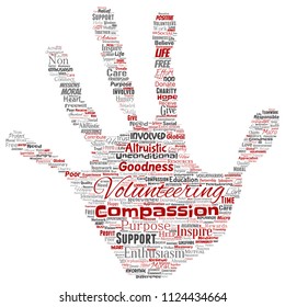 Vector conceptual volunteering, charity, humanitarian hand print stamp word cloud isolated background. Collage of selfless, support, philanthropy, nonprofit,  goodness, togetherness, giving concept