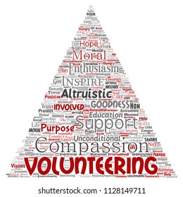 Vector conceptual volunteering, charity, humanitarian triangle arrow red word cloud isolated background. Collage of selfless, support, philanthropy, nonprofit,  goodness, togetherness, giving concept