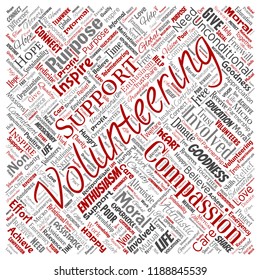 Vector conceptual volunteering, charity, humanitarian square red word cloud isolated background. Collage of selfless, support, philanthropy, nonprofit,  goodness, togetherness, giving concept
