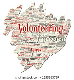 Vetor voluntariado conceitual, caridade, humanitário velho papel rasgado palavra nuvem isolado fundo. Colagem de altruísmo, apoio, filantropia, sem fins lucrativos, bondade, união, conceito de doação