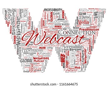 Vector conceptual webcast webinar font letter communication online network education word cloud isolated background. Collage of future presentation seminar, multicast global streaming concept design