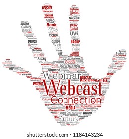 Vector de webcast conceptual o webinar sellos de impresión manual comunicación en red en línea educación palabra nube aislado fondo. Collage de futuros seminarios de presentación, concepto de streaming global de multidifusión
