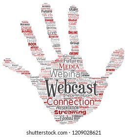 Vector de webcast conceptual o webinar sellos de impresión manual comunicación en red en línea educación palabra nube aislado fondo. Collage de futuros seminarios de presentación, concepto de streaming global de multidifusión