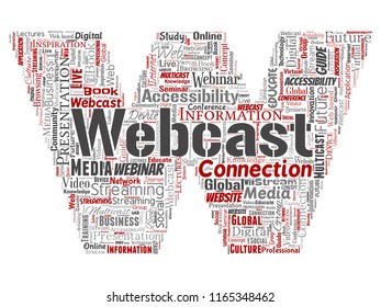 Vector conceptual webcast or webinar letter font red communication online network education word cloud isolated background. Collage of future presentation seminar, multicast global streaming concept