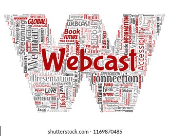 Vector de webcast conceptual o carta webinar fuente de comunicación roja red red de educación palabra nube aislado fondo. Collage de futuros seminarios de presentación, concepto de streaming global de multidifusión