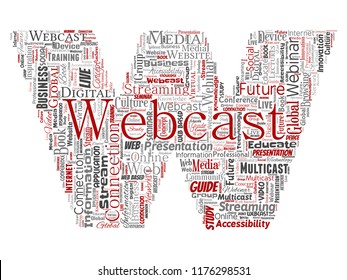 Vector de webcast conceptual o carta webinar fuente de comunicación roja red red de educación palabra nube aislado fondo. Collage de futuros seminarios de presentación, concepto de streaming global de multidifusión