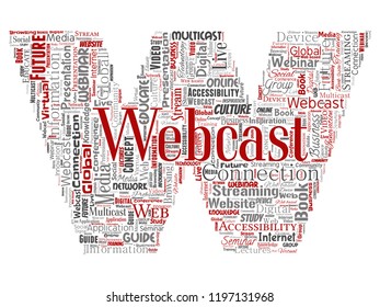Vector de webcast conceptual o carta webinar fuente de comunicación roja red red de educación palabra nube aislado fondo. Collage de futuros seminarios de presentación, concepto de streaming global de multidifusión