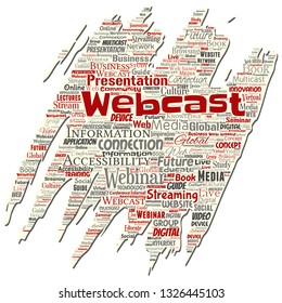 Vector conceptual webcast or webinar old torn paper communication online network education word cloud isolated background. Collage of future presentation seminar, multicast global streaming concept