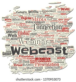 Vector conceptual webcast or webinar old torn paper communication online network education word cloud isolated background. Collage of future presentation seminar, multicast global streaming concept