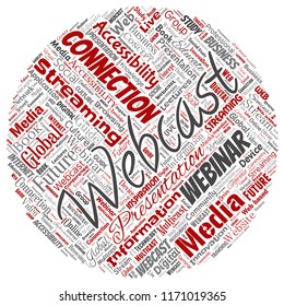 Vector conceptual webcast or webinar round circle red communication online network education word cloud isolated background. Collage of future presentation seminar, multicast global streaming concept