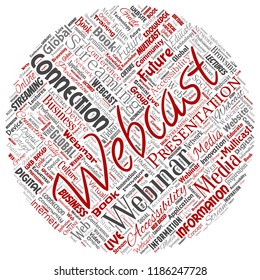 Vector conceptual webcast or webinar round circle red communication online network education word cloud isolated background. Collage of future presentation seminar, multicast global streaming concept