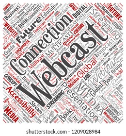 Vector conceptual webcast webinar square red communication online network education word cloud isolated background. Collage of future presentation seminar, multicast global streaming concept design