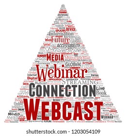Vector conceptual webcast or webinar triangle arrow communication online network education word cloud isolated background. Collage of future presentation seminar, multicast global streaming concept