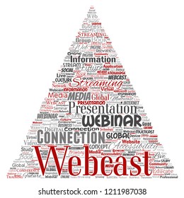 Vector conceptual webcast o webinar triángulo flecha comunicación en línea red educación palabra nube aislado fondo. Collage de futuros seminarios de presentación, concepto de streaming global de multidifusión
