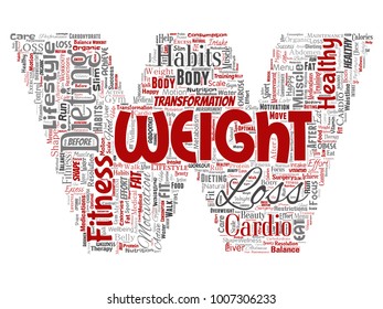 Vector conceptual weight loss healthy diet transformation letter font W word cloud isolated background. Collage of fitness motivation lifestyle, before and after workout slim body beauty concept