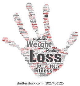 Vector conceptual weight loss healthy diet transformation hand print stamp word cloud isolated background. Collage of fitness motivation lifestyle, before and after workout slim body beauty concept