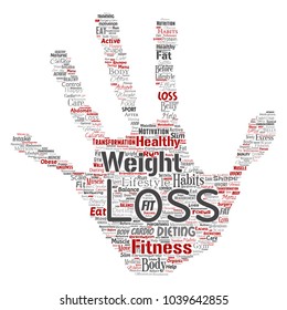 Vector conceptual weight loss healthy diet transformation hand print stamp word cloud isolated background. Collage of fitness motivation lifestyle, before and after workout slim body beauty concept