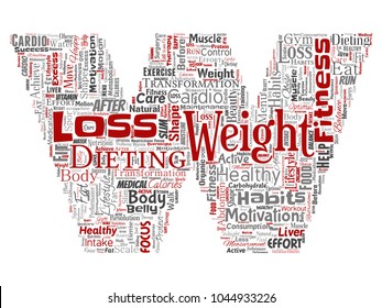Vector conceptual weight loss healthy diet transformation letter font W word cloud isolated background. Collage of fitness motivation lifestyle, before and after workout slim body beauty concept