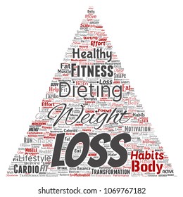 Vector conceptual weight loss healthy diet transformation triangle arrow word cloud isolated background. Collage of fitness motivation lifestyle, before and after workout slim body beauty concept