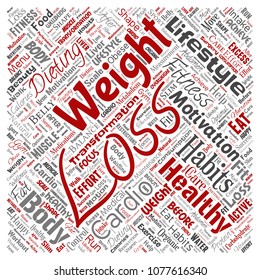 Vector conceptual weight loss healthy diet transformation square red word cloud isolated background. Collage of fitness motivation lifestyle, before and after workout slim body beauty concept