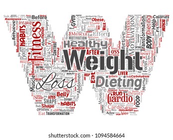 Vetor conceitual perda de peso saudável dieta transformação letra fonte W palavra nuvem isolado fundo. Colagem de fitness motivação estilo de vida, antes e depois do treino conceito de beleza corpo magro