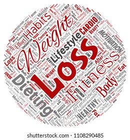 Vector conceptual weight loss healthy diet transformation round circle red word cloud isolated background. Collage of fitness motivation lifestyle, before and after workout slim body beauty concept