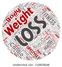 Vector conceptual weight loss healthy diet transformation round circle red word cloud isolated background. Collage of fitness motivation lifestyle, before and after workout slim body beauty concept
